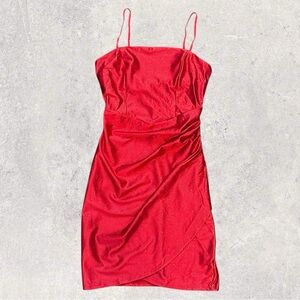 LOVE, NICKIE LEW Red Glitter Spaghetti Strap Mini Wrap Party Dress- Size Small